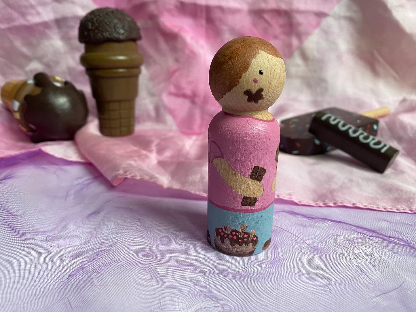 Hand painted Chocolate Appreciation Society wooden peg doll (8cm)