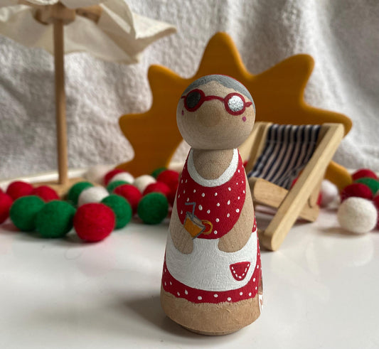 Mrs Claus in summer hand painted wooden peg doll (9cm)