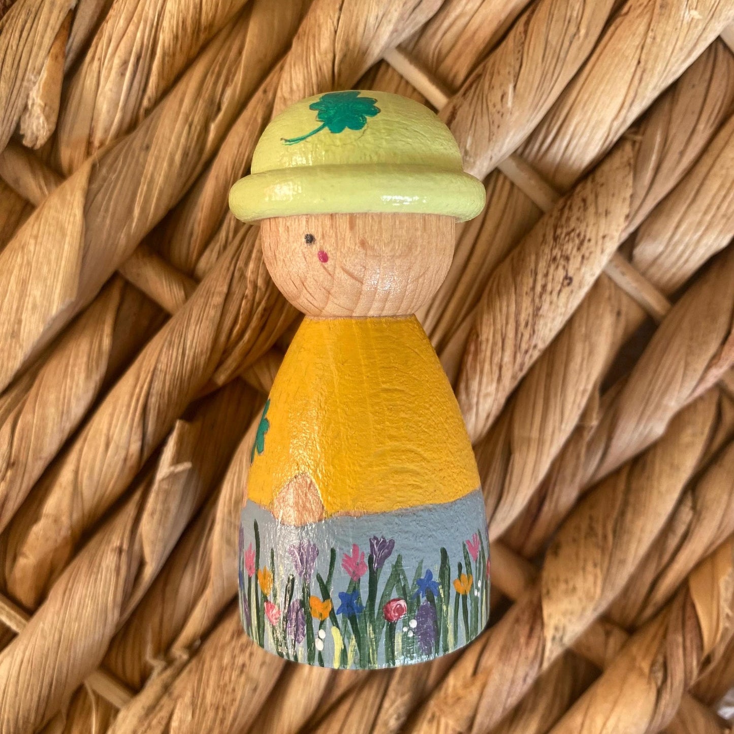 Hand painted four-leafed clover Spring flower wooden peg doll (7cm)