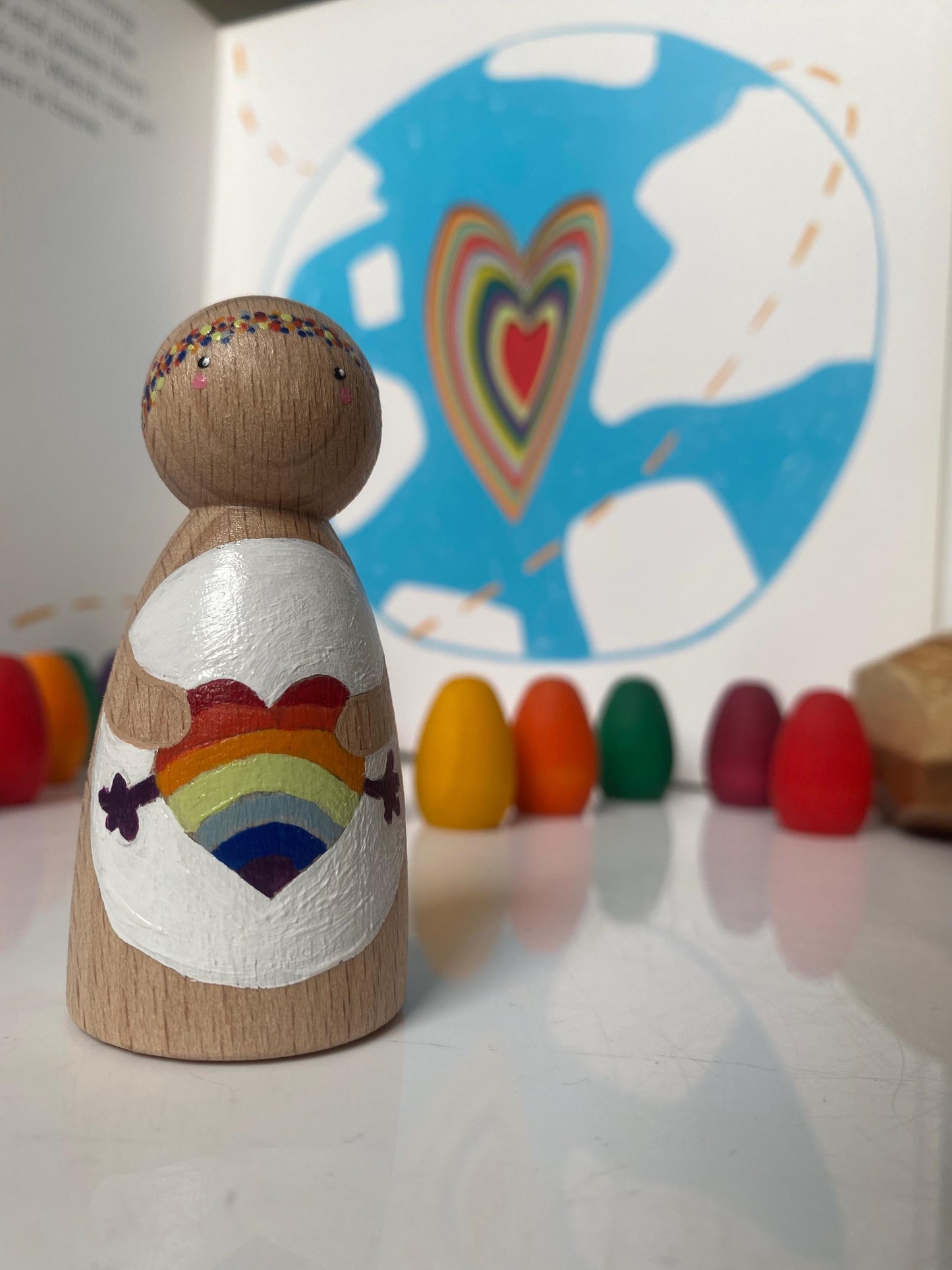 Hand painted rainbow hug wooden peg doll (7.5cm)