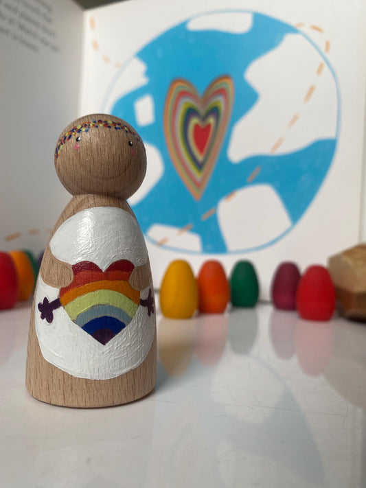 Hand painted rainbow hug wooden peg doll (7.5cm)