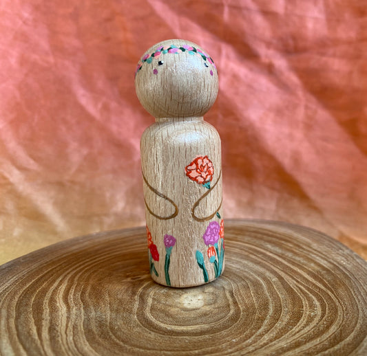 Carnation flower hand painted wooden peg doll (6.5cm)