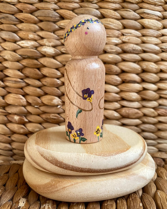 Violet flower hand painted wooden peg doll (8cm)