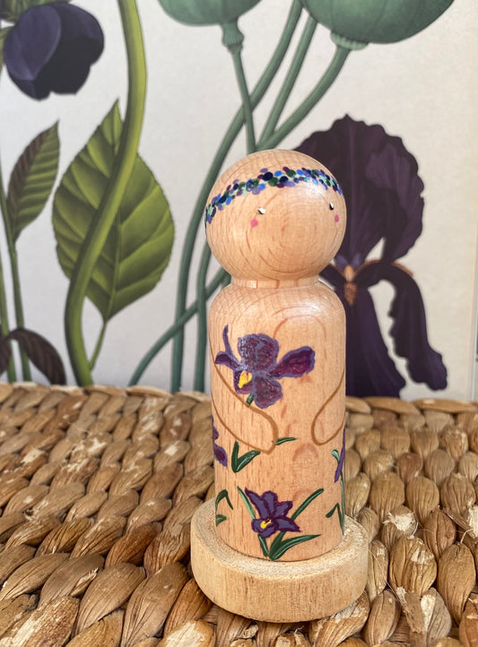 Iris flower hand painted wooden peg doll (8cm)