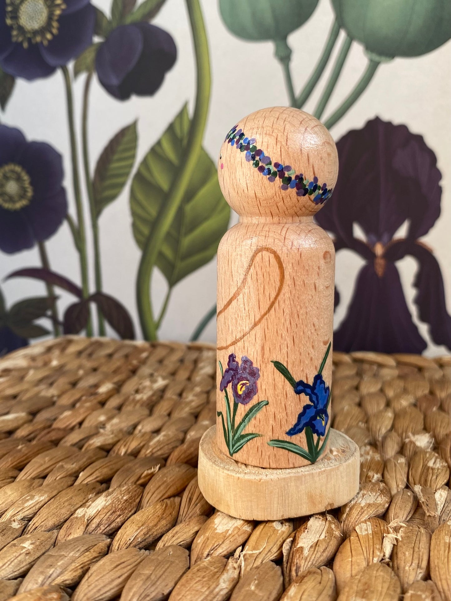 Iris flower hand painted wooden peg doll (8cm)