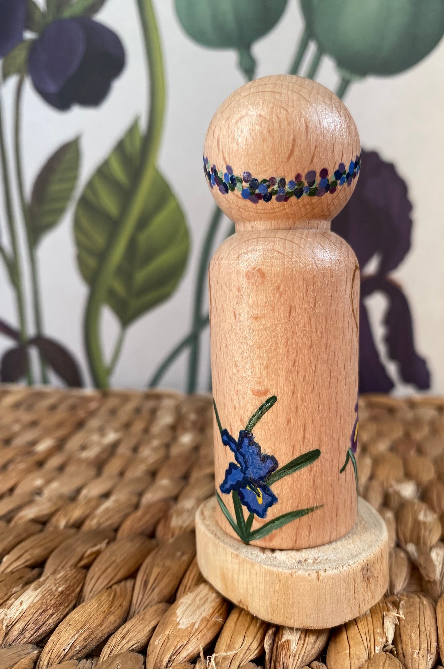 Iris flower hand painted wooden peg doll (8cm)