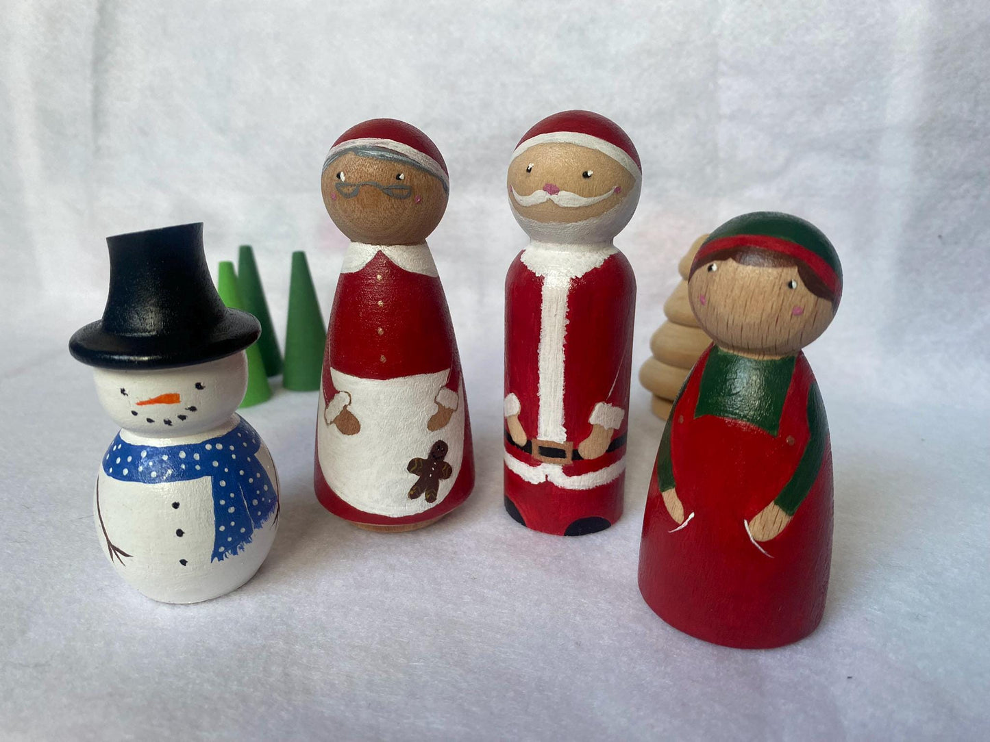 Hand painted wooden Christmas peg doll set (Santa Claus, Mrs Claus, Elf and Snowman)