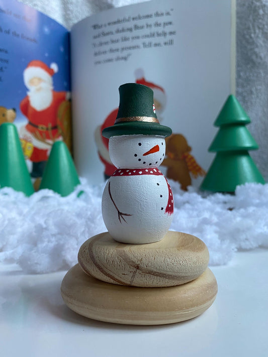 Snowman hand painted wooden peg doll (7cm) dark green