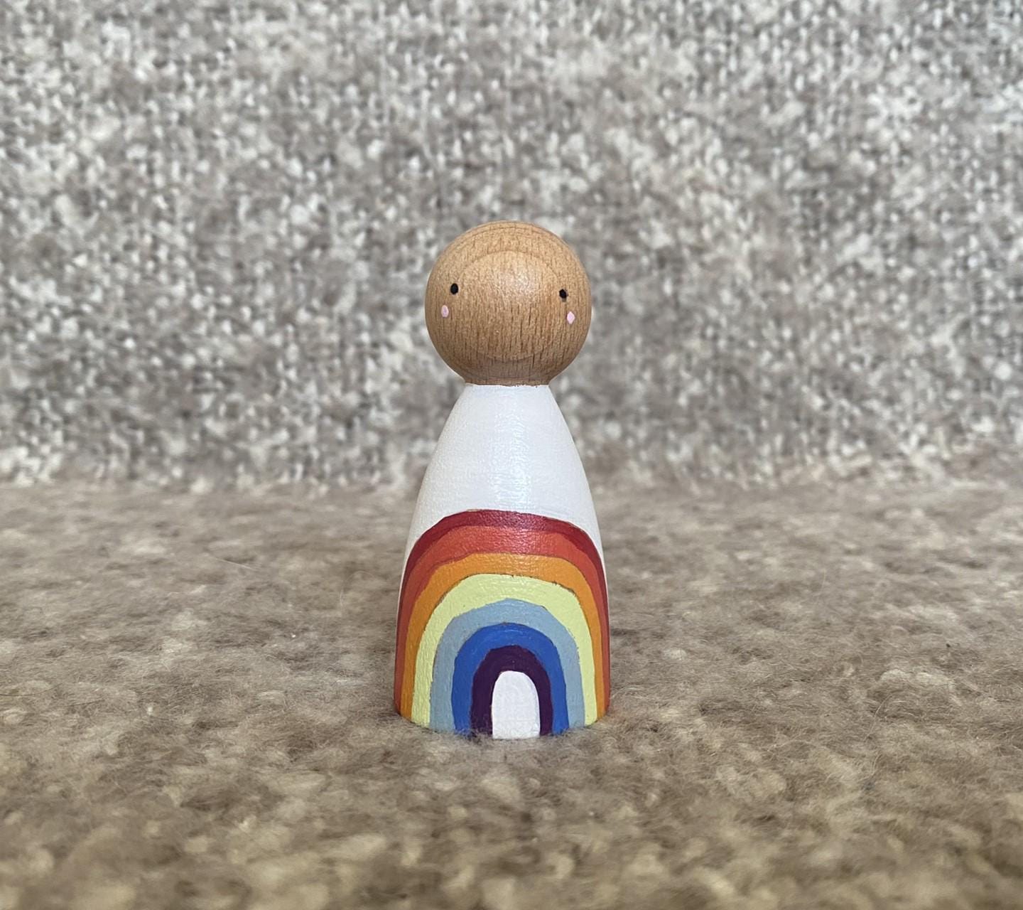 Hand painted rainbow design wooden peg doll (8cm)
