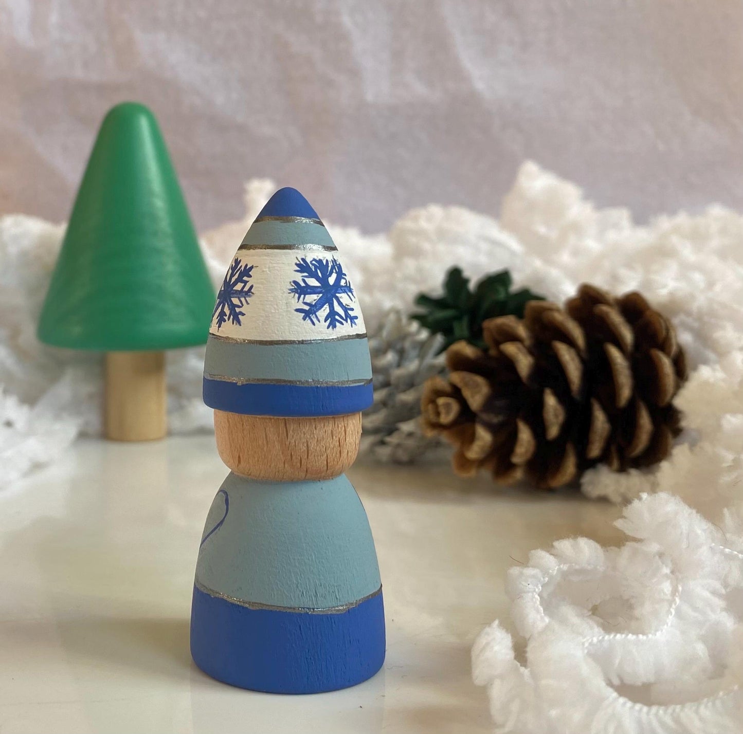 Christmas gonk (blue, white and silver) hand painted wooden peg doll (7cm)