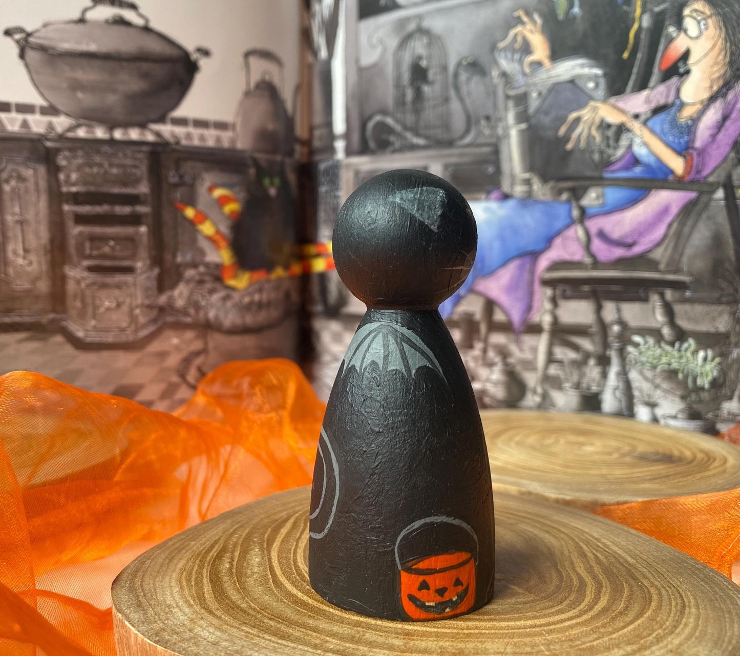 Hand painted black Bat Cat wooden peg doll (8cm)