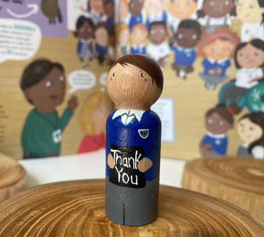 Thank You school boy hand painted wooden peg doll (6.5cm)