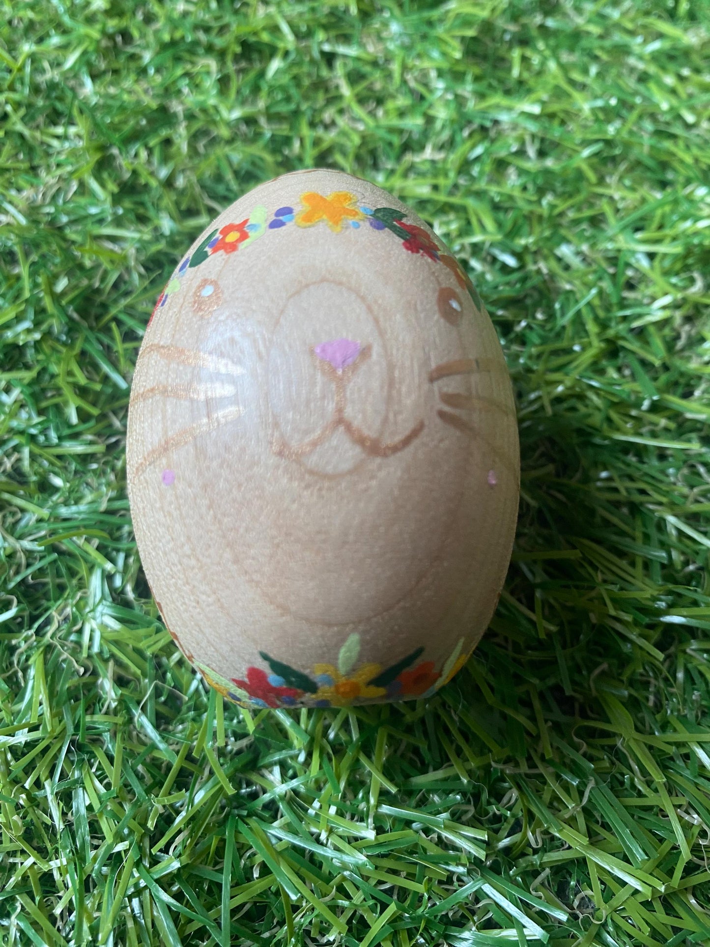 Hand painted Easter bunny natural wood design egg (6.4cm)