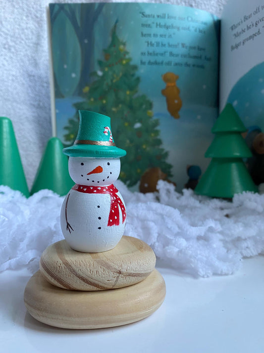 Snowman hand painted wooden peg doll (7cm) bright green