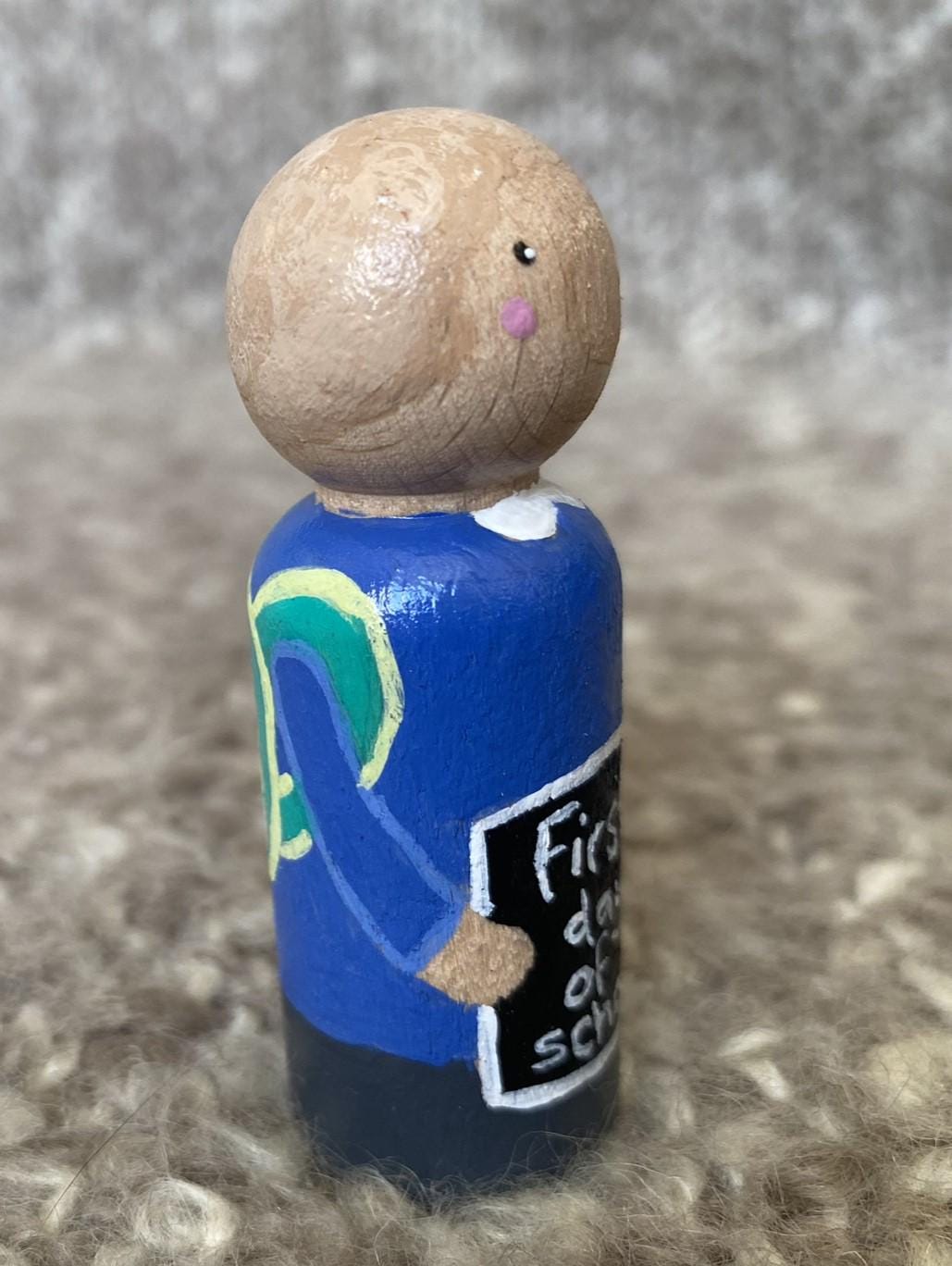 Hand painted First Day of School wooden peg doll (6.5cm)