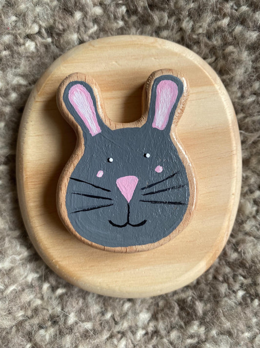 Hand painted wooden grey rabbit head