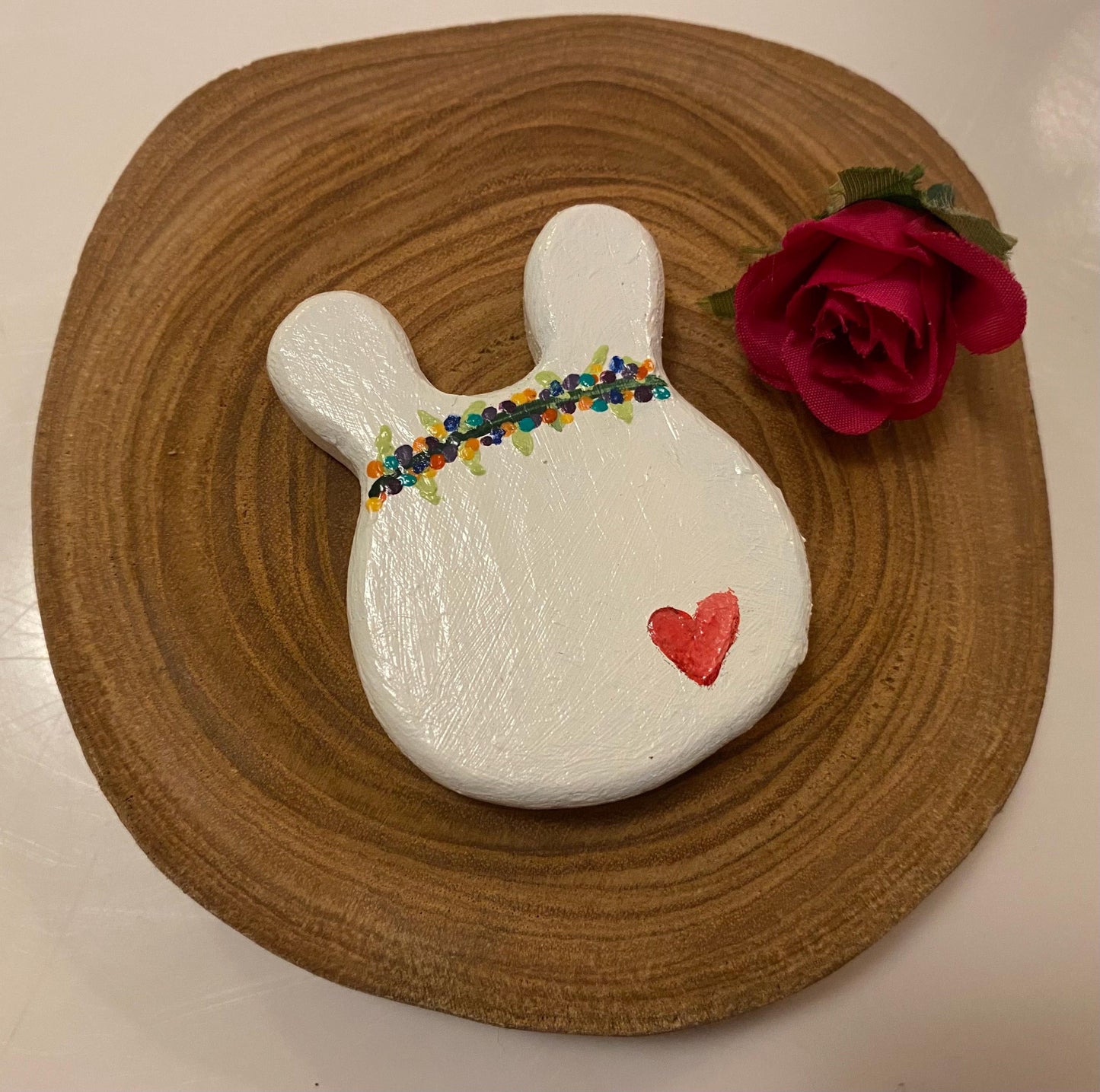White wooden bunny with floral crown hand painted