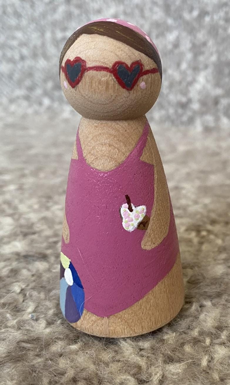 Handpainted pink swimsuit wooden peg doll (8 cm)
