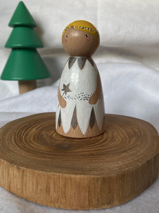Hand painted wooden white and silver fairy peg doll (7.5cm)