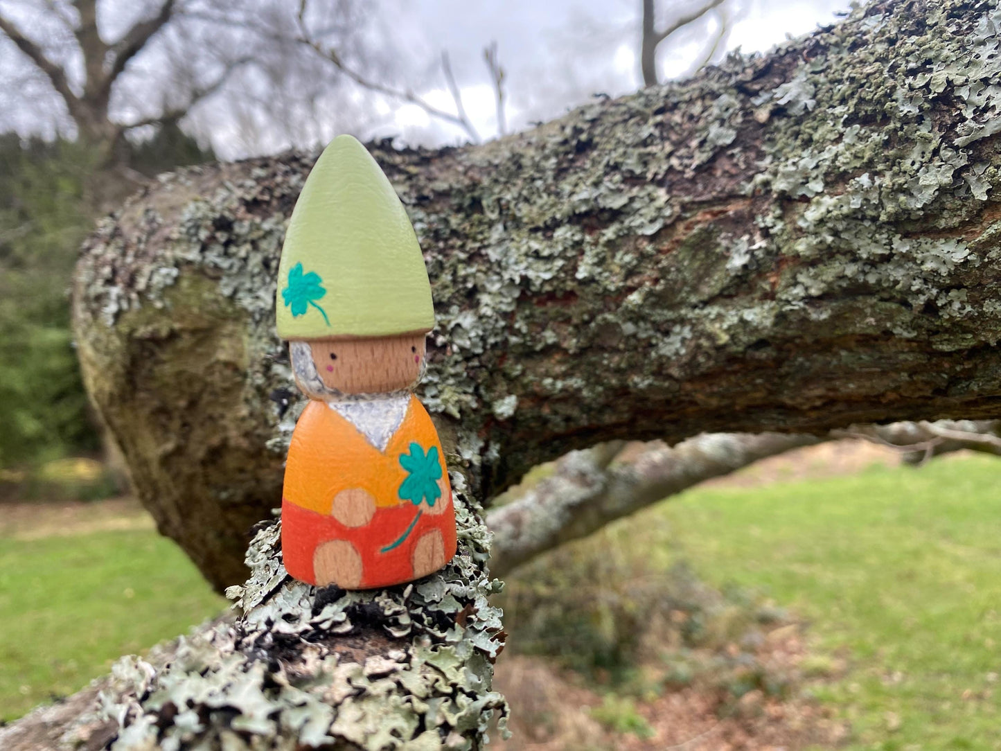 Good luck four leafed clover gnome hand painted wooden peg doll (7cm)