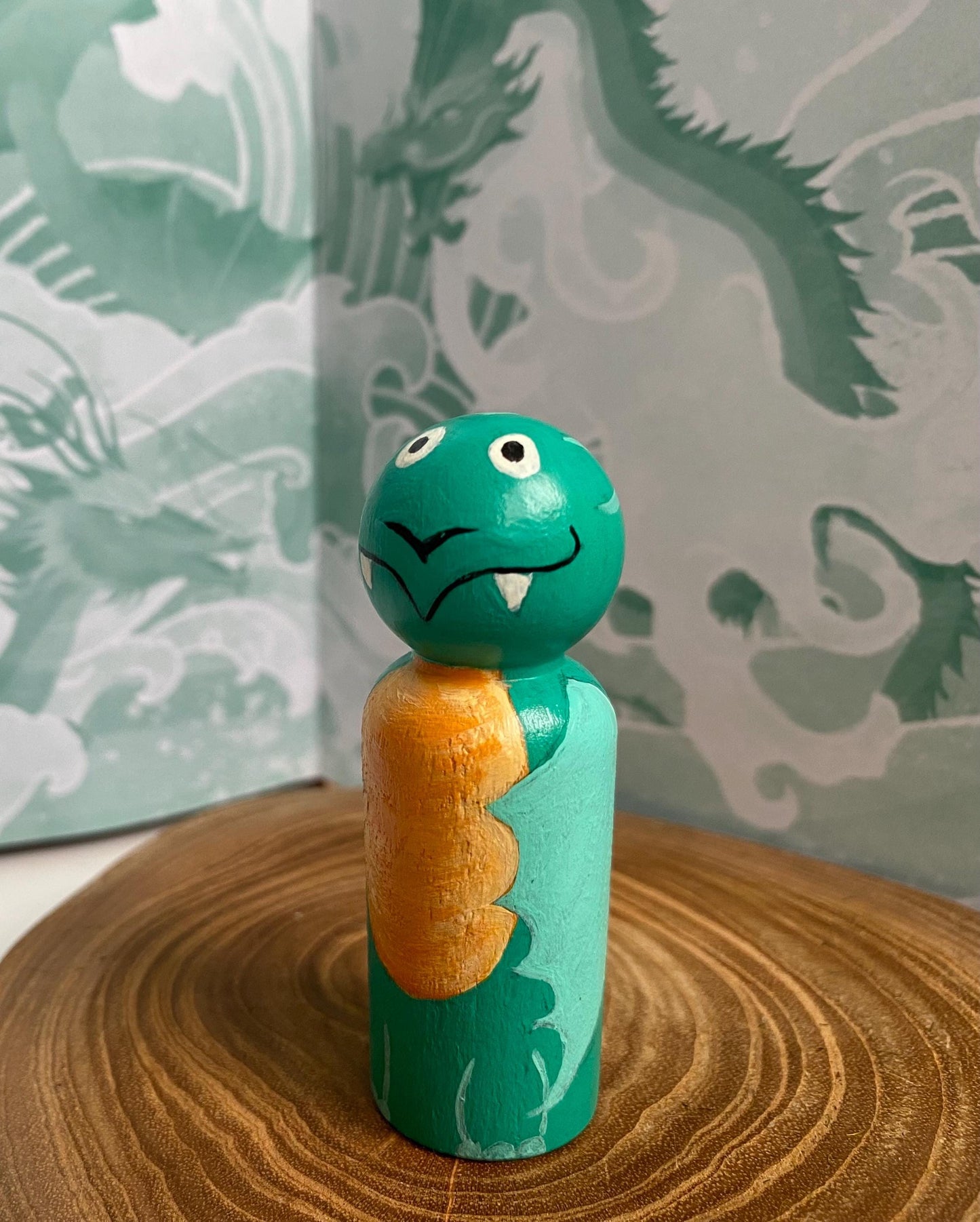 Green dragon hand painted wooden peg doll (6.5cm)