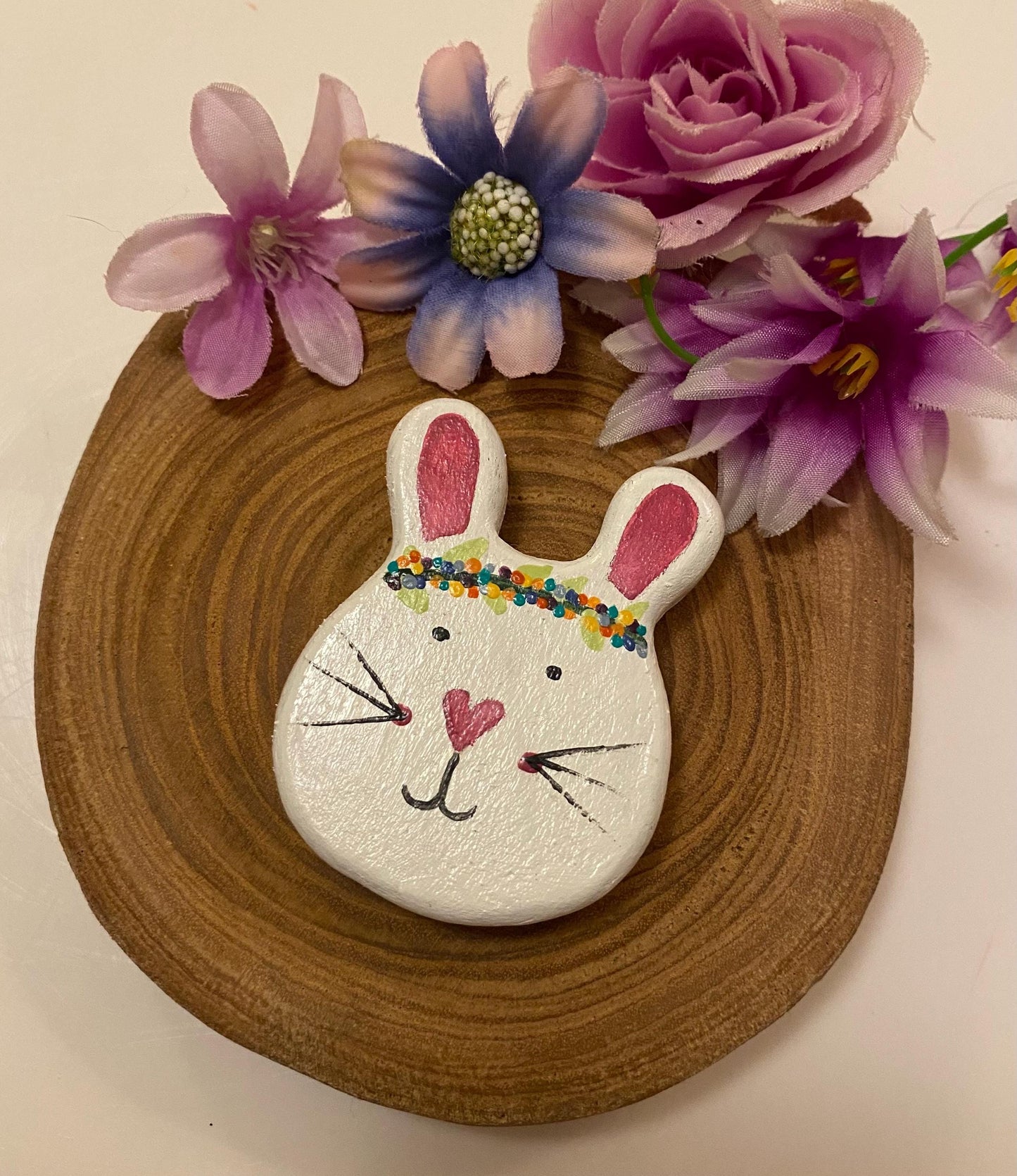 White wooden bunny with floral crown hand painted