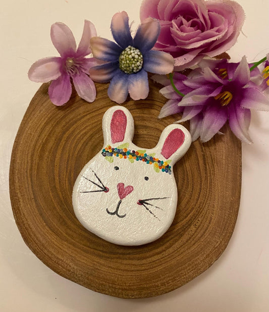 White wooden bunny with floral crown hand painted