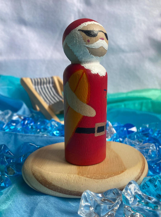 Surfer Santa hand painted wooden peg doll (9cm)