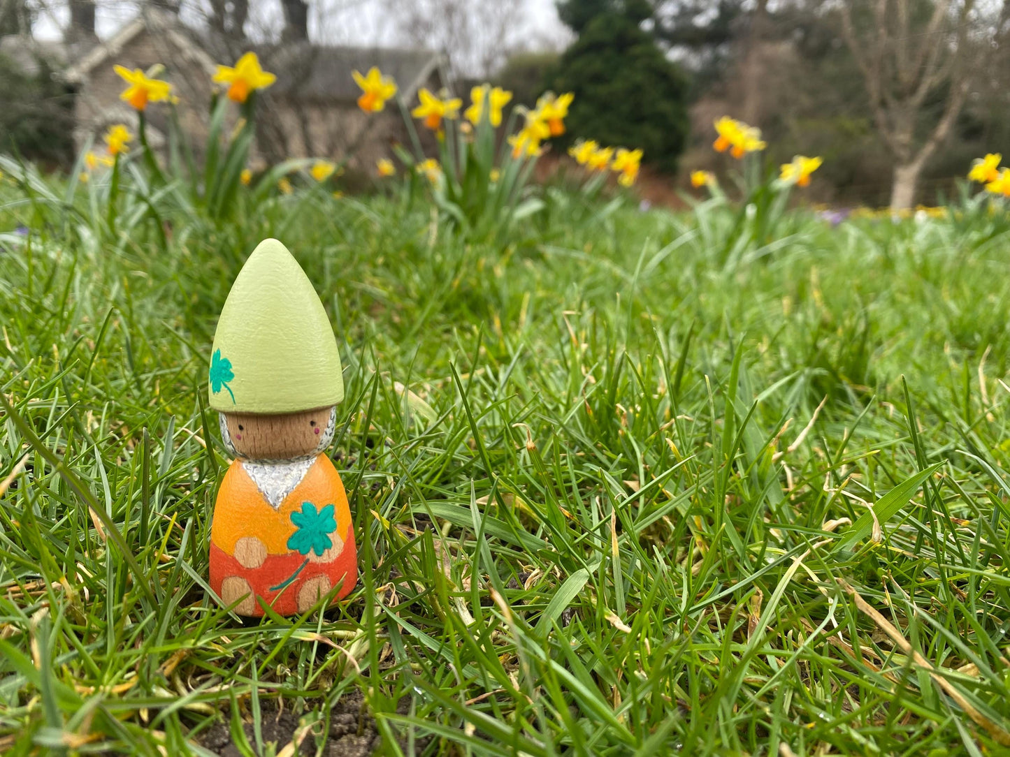 Good luck four leafed clover gnome hand painted wooden peg doll (7cm)