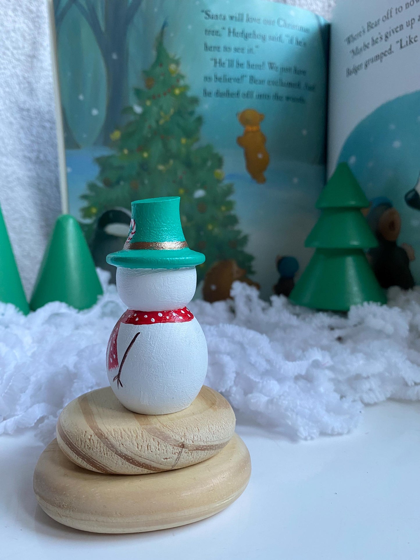 Snowman hand painted wooden peg doll (7cm) bright green