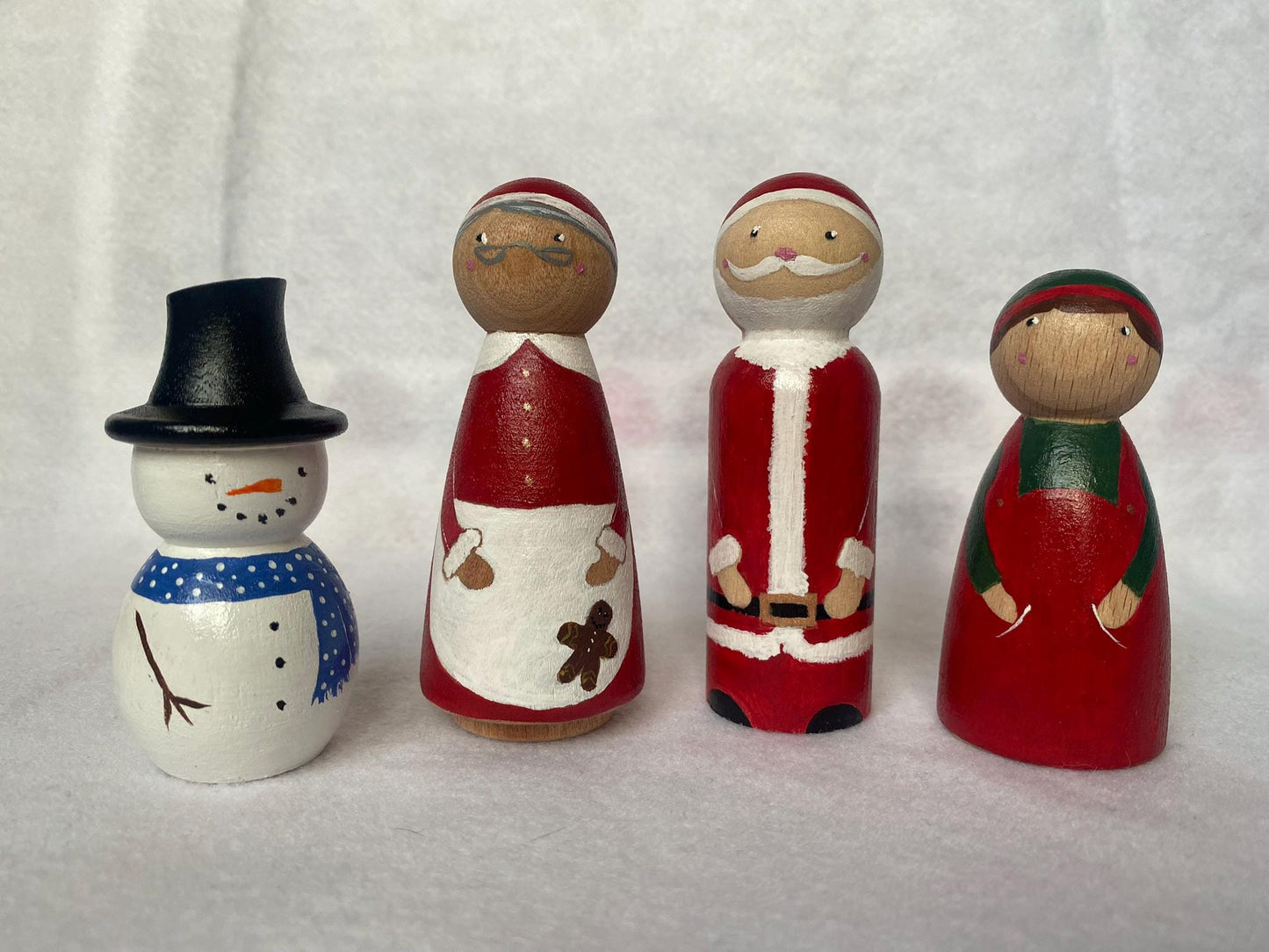 Hand painted wooden Christmas peg doll set (Santa Claus, Mrs Claus, Elf and Snowman)