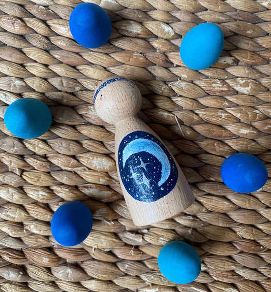 Hand painted crescent moon and stars wooden peg doll (8cm)