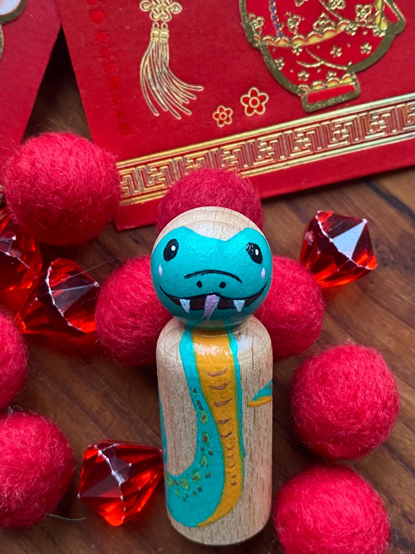 Hand painted green snake wooden peg doll (6.5cm)