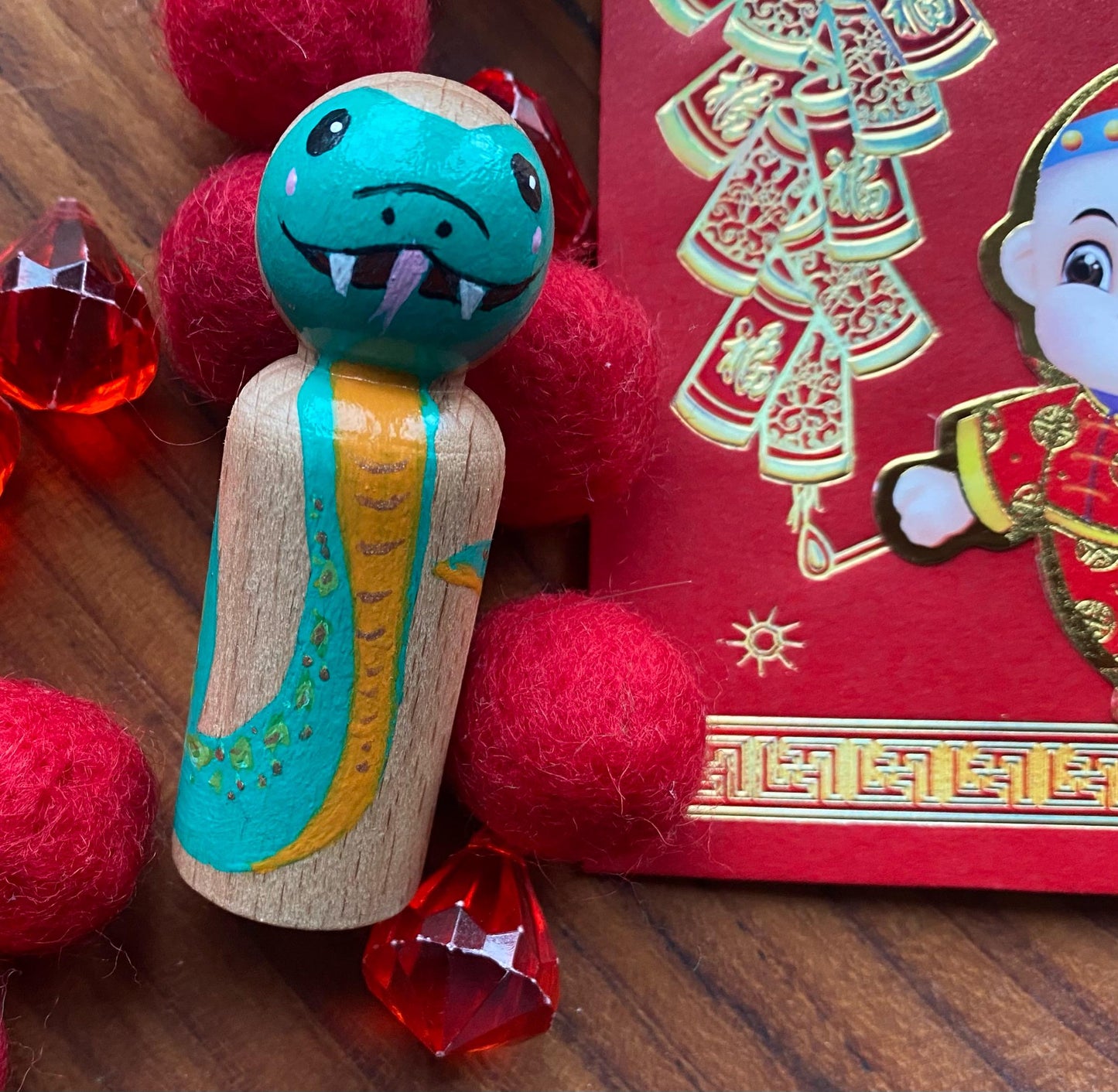 Hand painted green snake wooden peg doll (6.5cm)