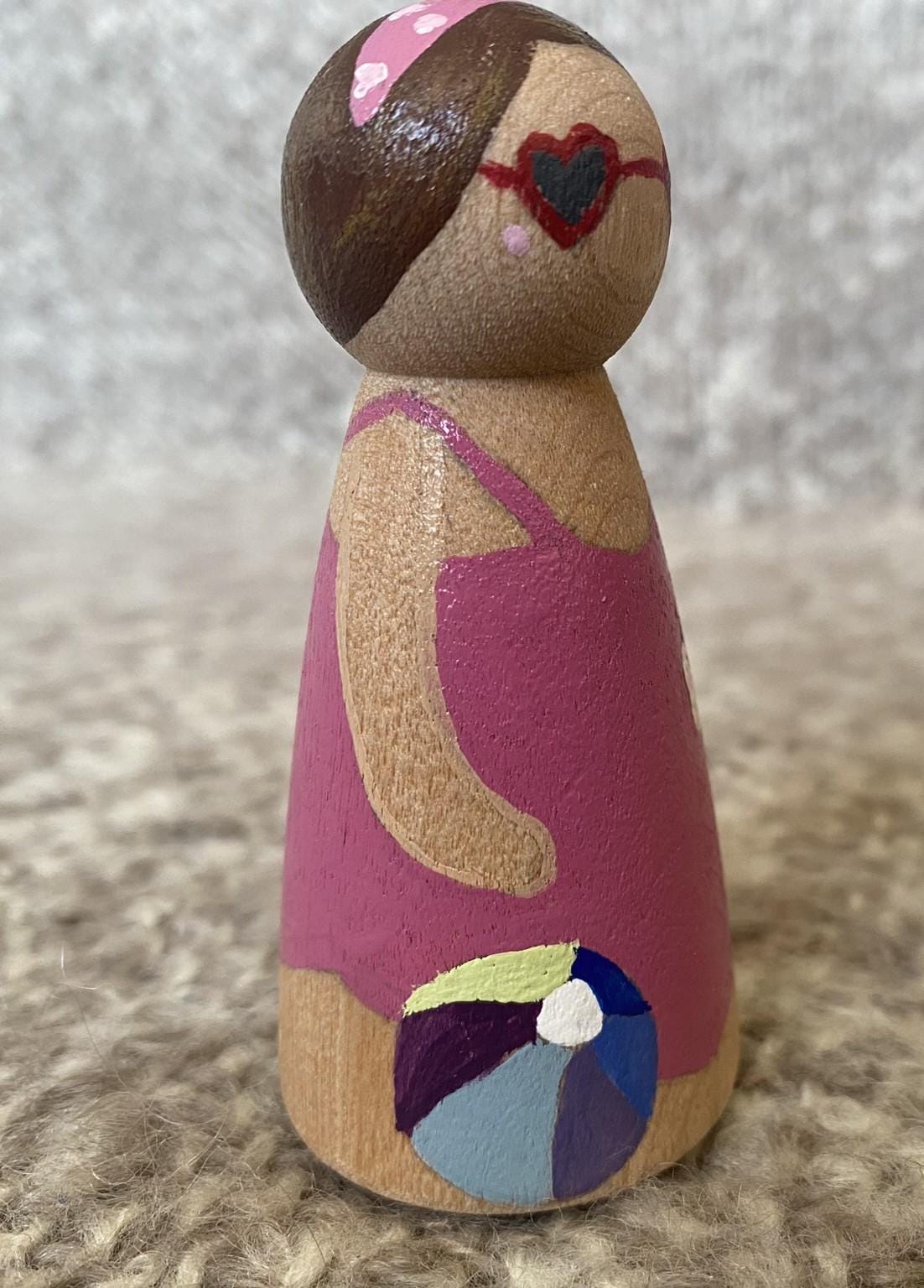 Handpainted pink swimsuit wooden peg doll (8 cm)