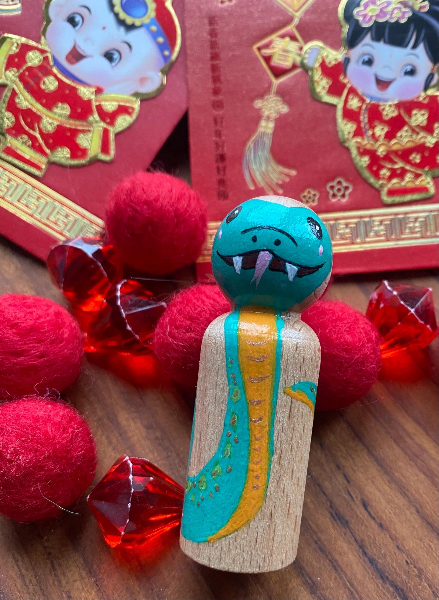 Hand painted green snake wooden peg doll (6.5cm)