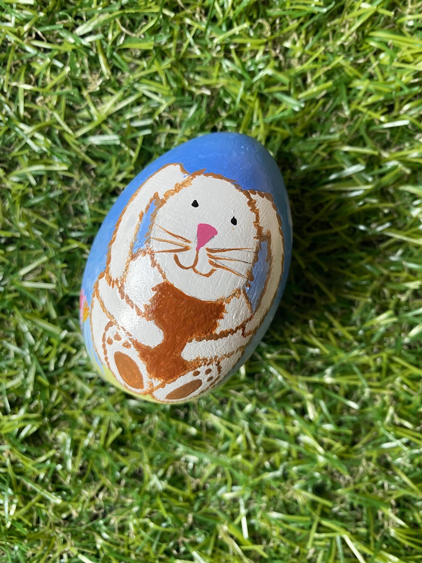 Hand painted Easter bunny and Spring garden wooden egg (6.4cm)