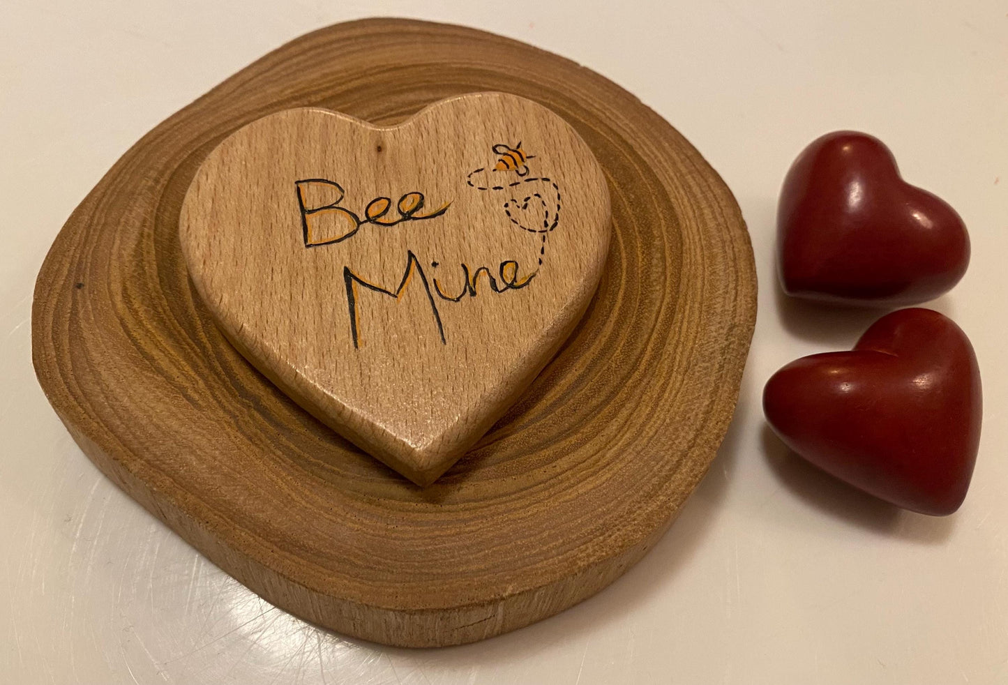 Bee mine hand painted wooden love heart (7cm)