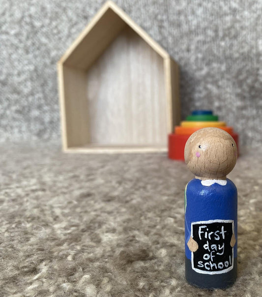 Hand painted First Day of School wooden peg doll (6.5cm)