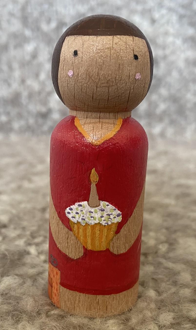 Hand painted birthday celebration wooden peg doll (8cm)
