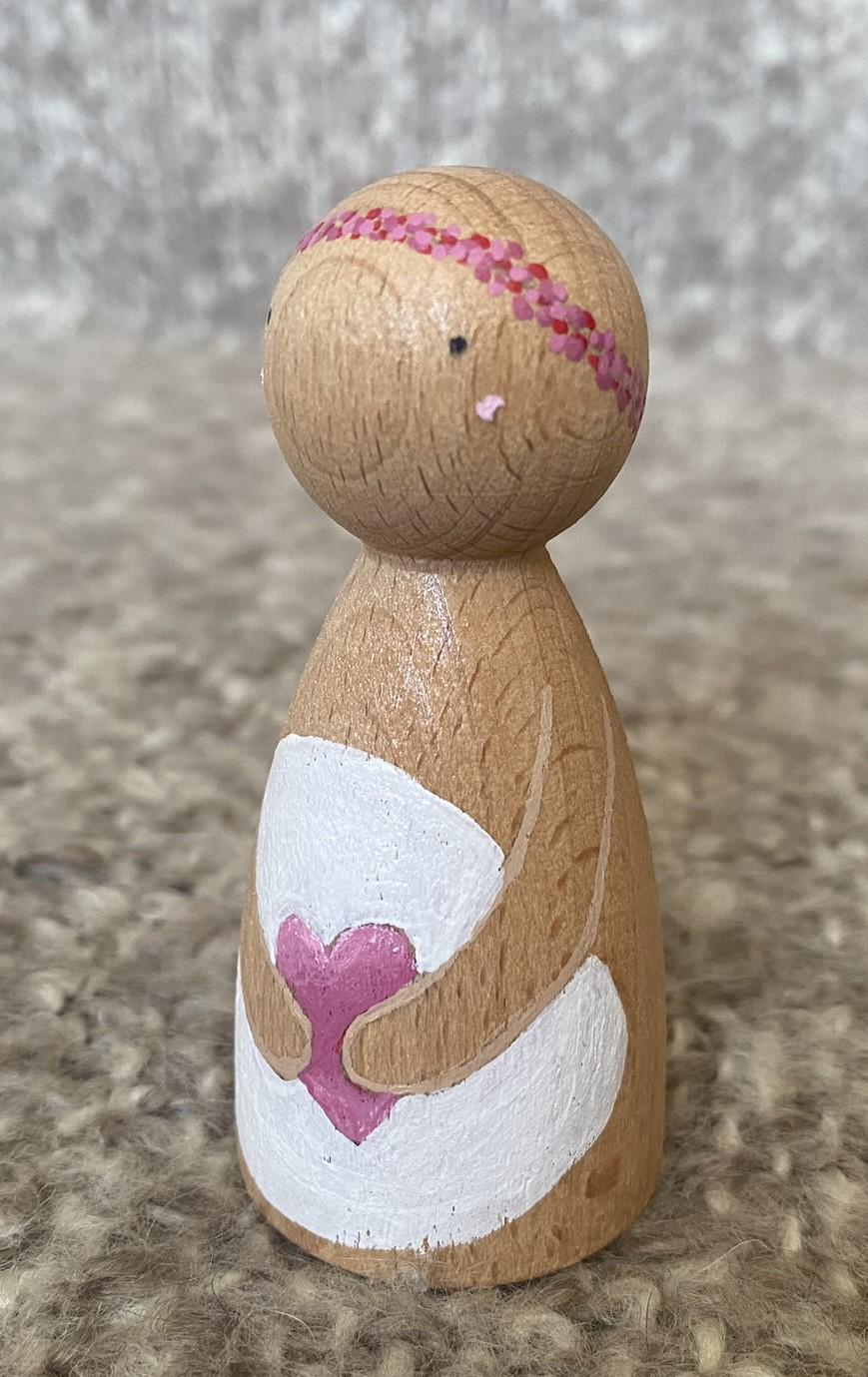 Hand painted pink heart design wooden peg doll (8cm)